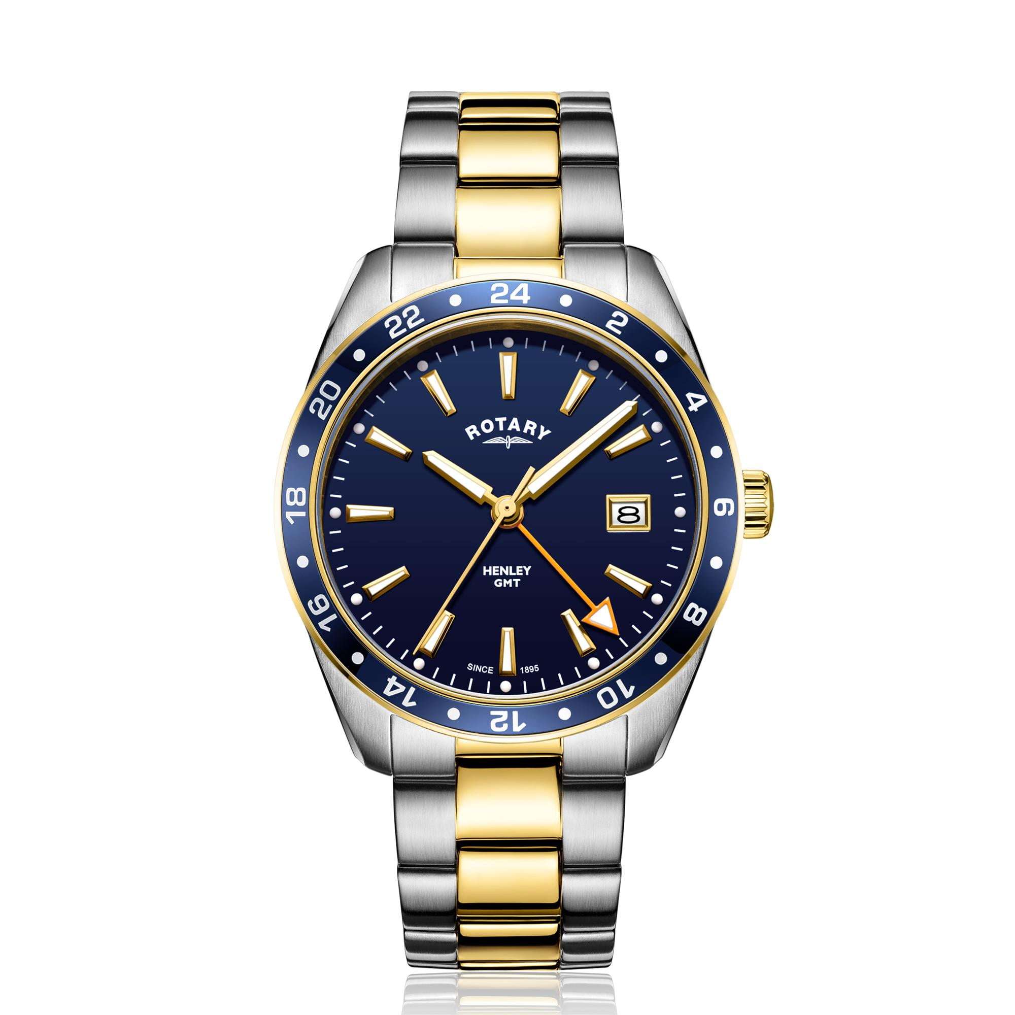 Rotary GMT Henley Zweifarbig Edelstahl Blaues Zifferblatt Herren Uhr GB05296/05