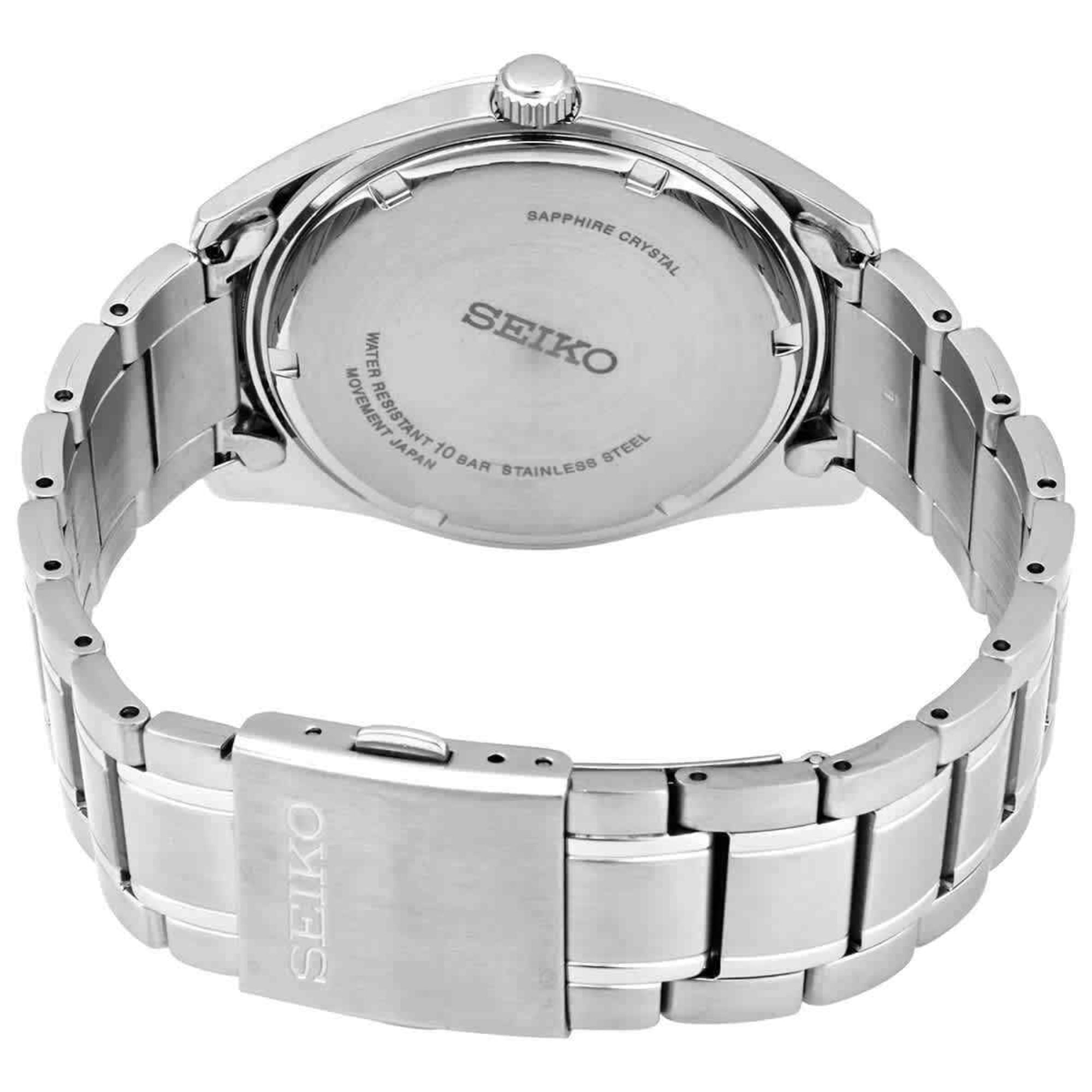 Angled view of Seiko Essentials SUR307P1 silver dial watch with stainless steel bracelet