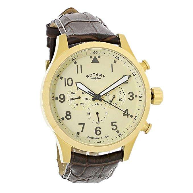 Rotary Gold&nbsp;Coloured Stainless Steel Case Brown Leather Strap Mens Watch GS00419/31 48mmThis Rotary&nbsp;Gold&nbsp;Coloured Stainless Steel Case Brown Leather Strap Mens Watch GS00419/31 teams an alluring cream dial with a curved 12 o&rsquo;clock day window and a&nbsp;brown leather strap and case. This results in a timepiece that is the epitome of style and class.&nbsp;Key Features:Quartz MovementDay FunctionBuckle Clasp The Brand: RotaryFamed for his attention to detail and keen business acumen, Moise