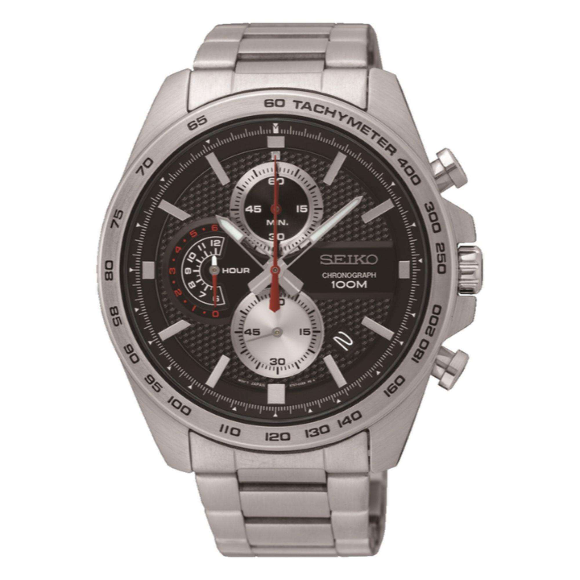 Seiko Chronograph Quarz Schwarzes Zifferblatt Silber Edelstahl Herren Uhr SSB255P1