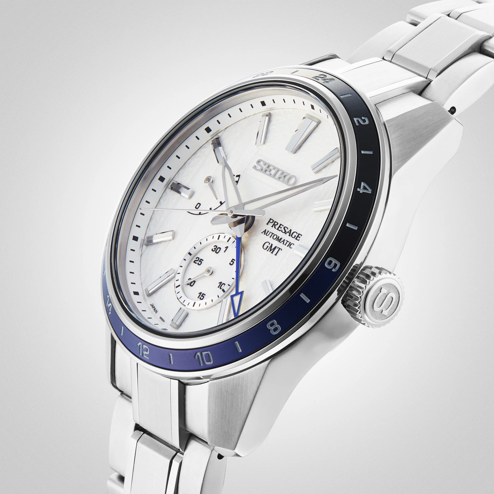 Seiko Presage Sharp Edged Series GMT Zero Halliburton Automatik Weißes Zifferblatt Edelstahlarmband Herren Uhr SPB269J1