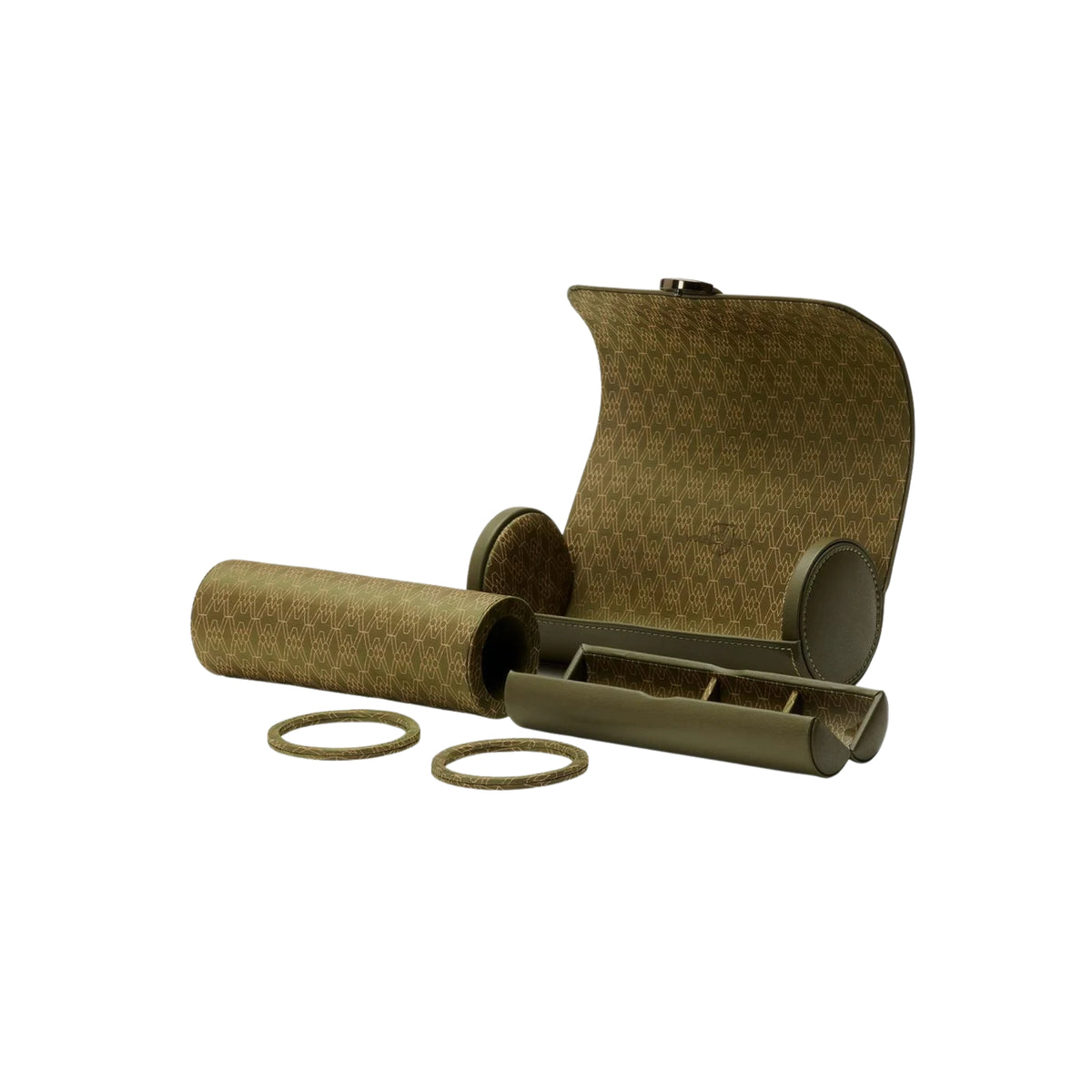 WOLF Earth 190th Anniversary 190641 exploded view showing open olive watch roll case, cushion roll, dividers, and capsule