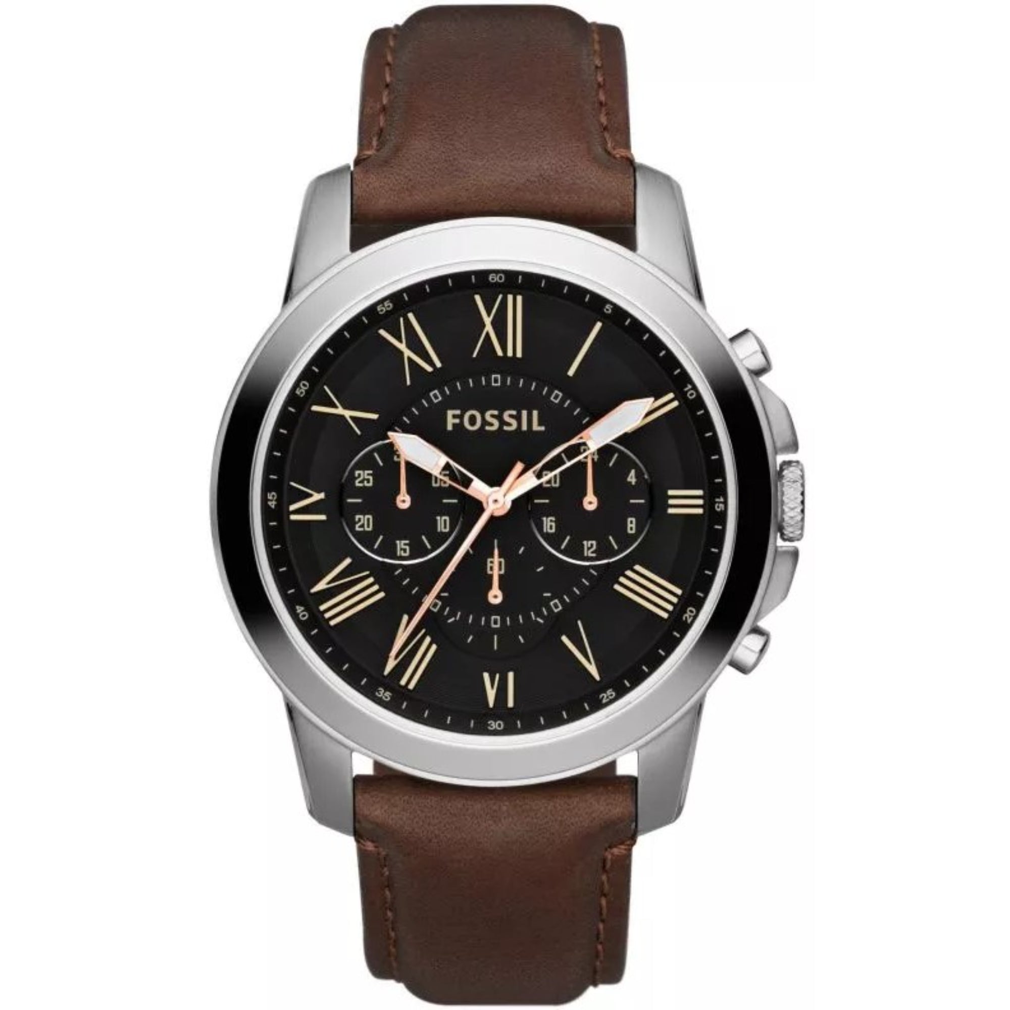 Fossil Grant 44mm Chronograph Black Dial Leather Mens Quartz Watch FS4813