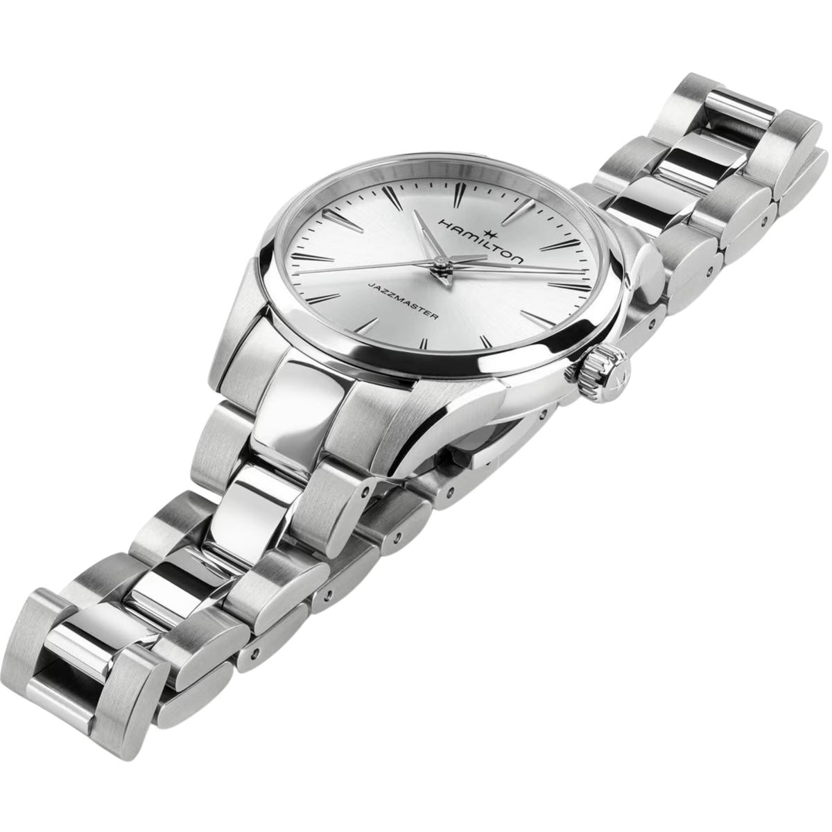 Hamilton Jazzmaster watch with a silver dial and stainless steel bracelet
