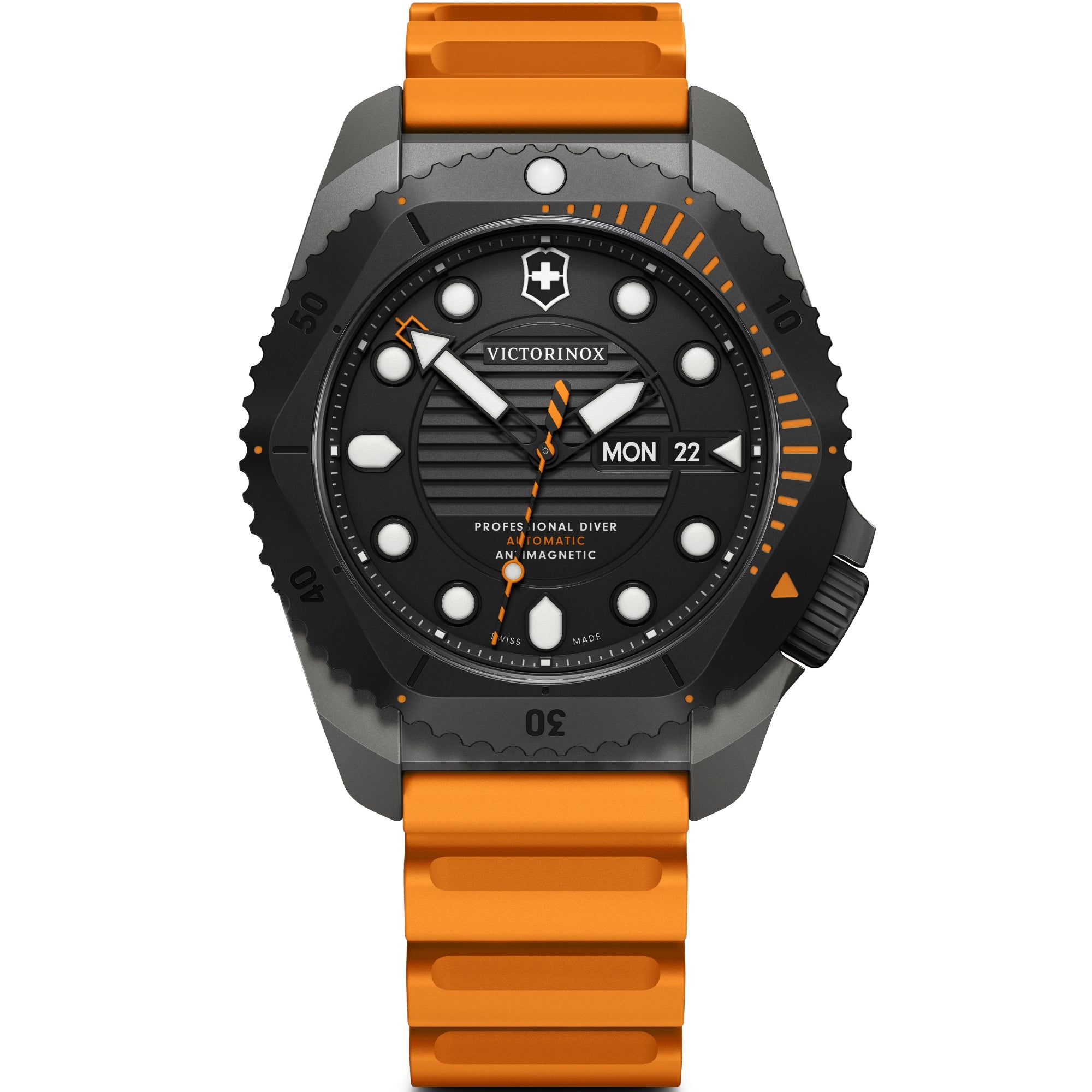 Victorinox Dive Pro 43mm Automatic titanium black dial orange rubber watch 241996 front view 