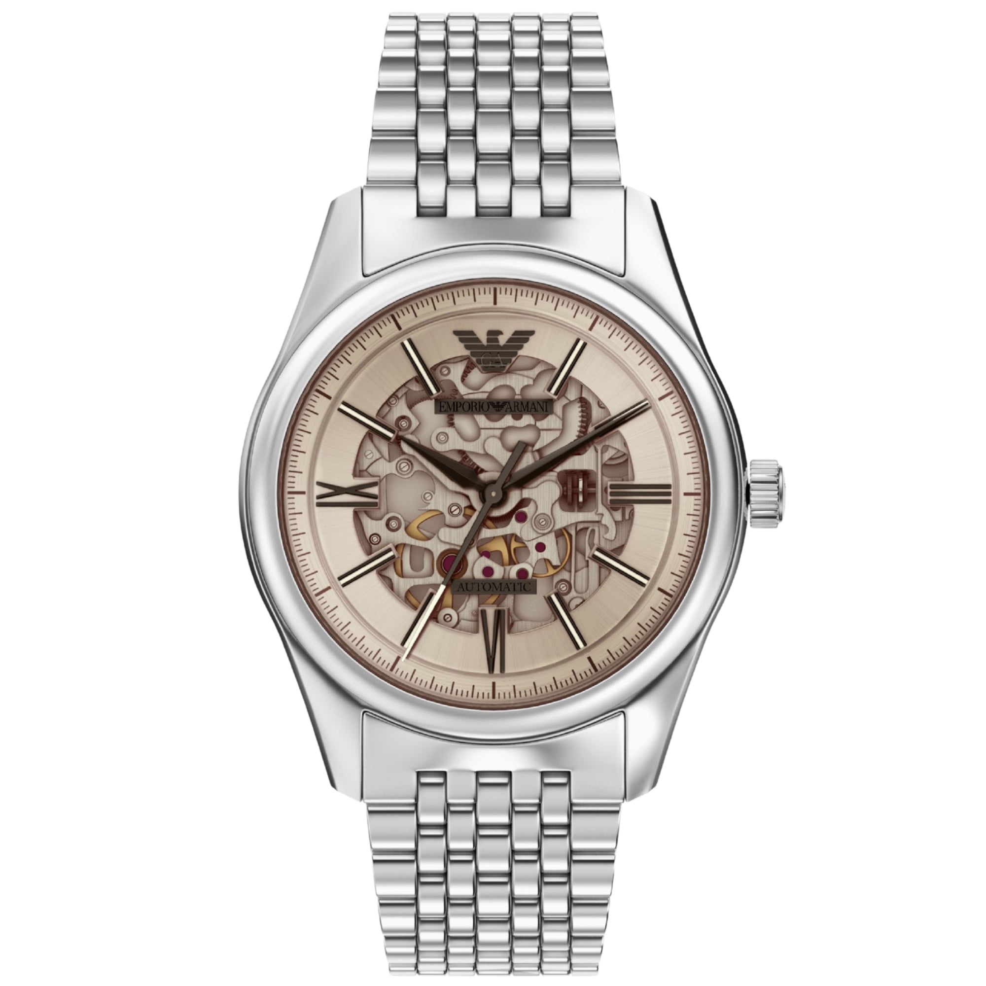 Emporio Armani Antonio 43mm Skeleton Silver Dial Steel Mens Automatic Watch AR60095