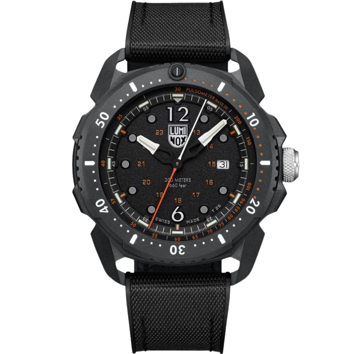 Luminox ICE SAR Arctic 1050 Series XL.1052 mens black dial watch front view with black rubber strap