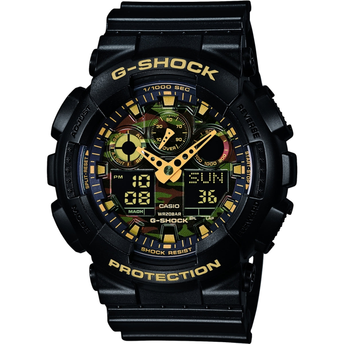 Casio G-Shock GA-100 Series GA-100CF-1A9ER mens watch featuring a black resin case, camouflage pattern dial, gold-tone hands, and dual analogue-digital display