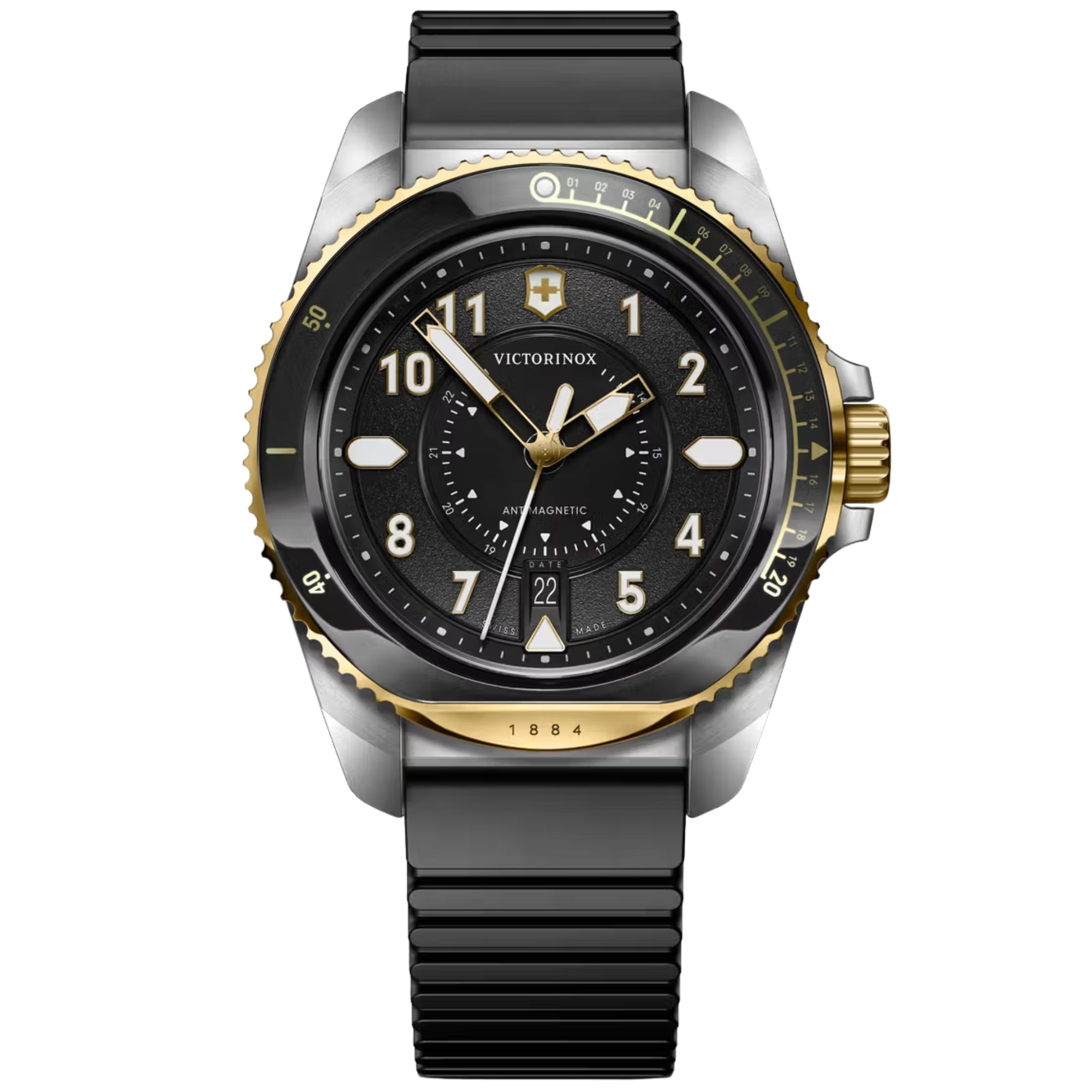 Victorinox Journey 1884 43mm Quartz black textured dial rubber watch 242014 front view