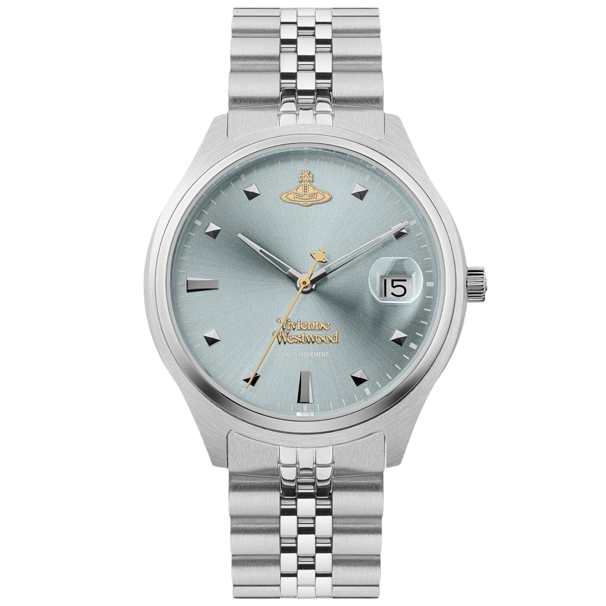 Ladies stainless steel bracelet quartz watch with light blue dial, gold logo, date window