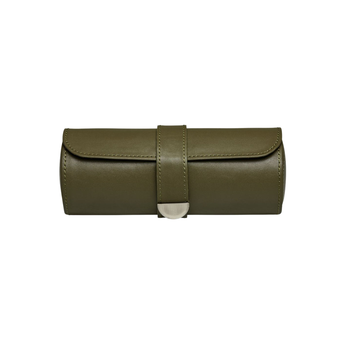 WOLF Earth 190th Anniversary 190641 front view of closed olive triple watch roll with snap closure strap