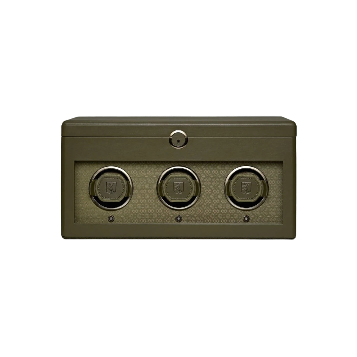 WOLF Earth 190th Anniversary 190541 front view of closed olive triple watch winder with glass viewing window and central lock