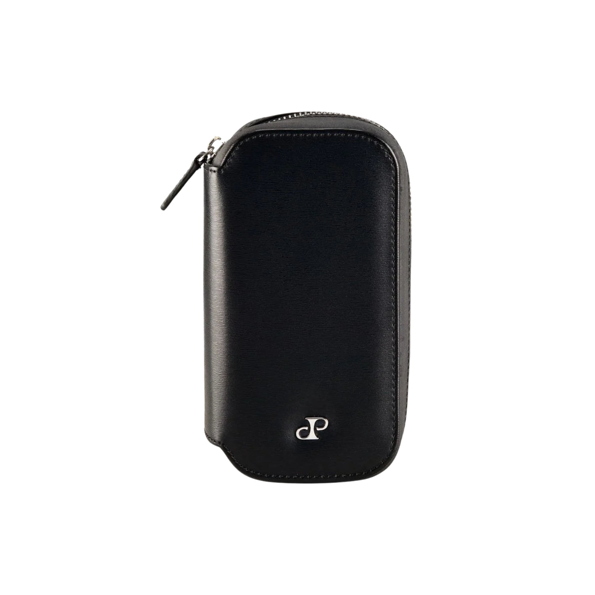 WOLF Philipp 190205 front view of closed black 2 piece watch zip case with silver logo hardware