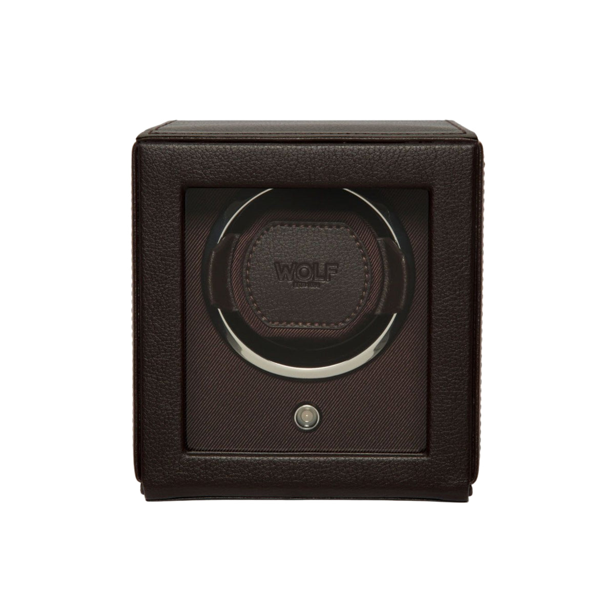 WOLF Cub 461106 front view of closed brown single watch winder with glass viewing cover and winding module