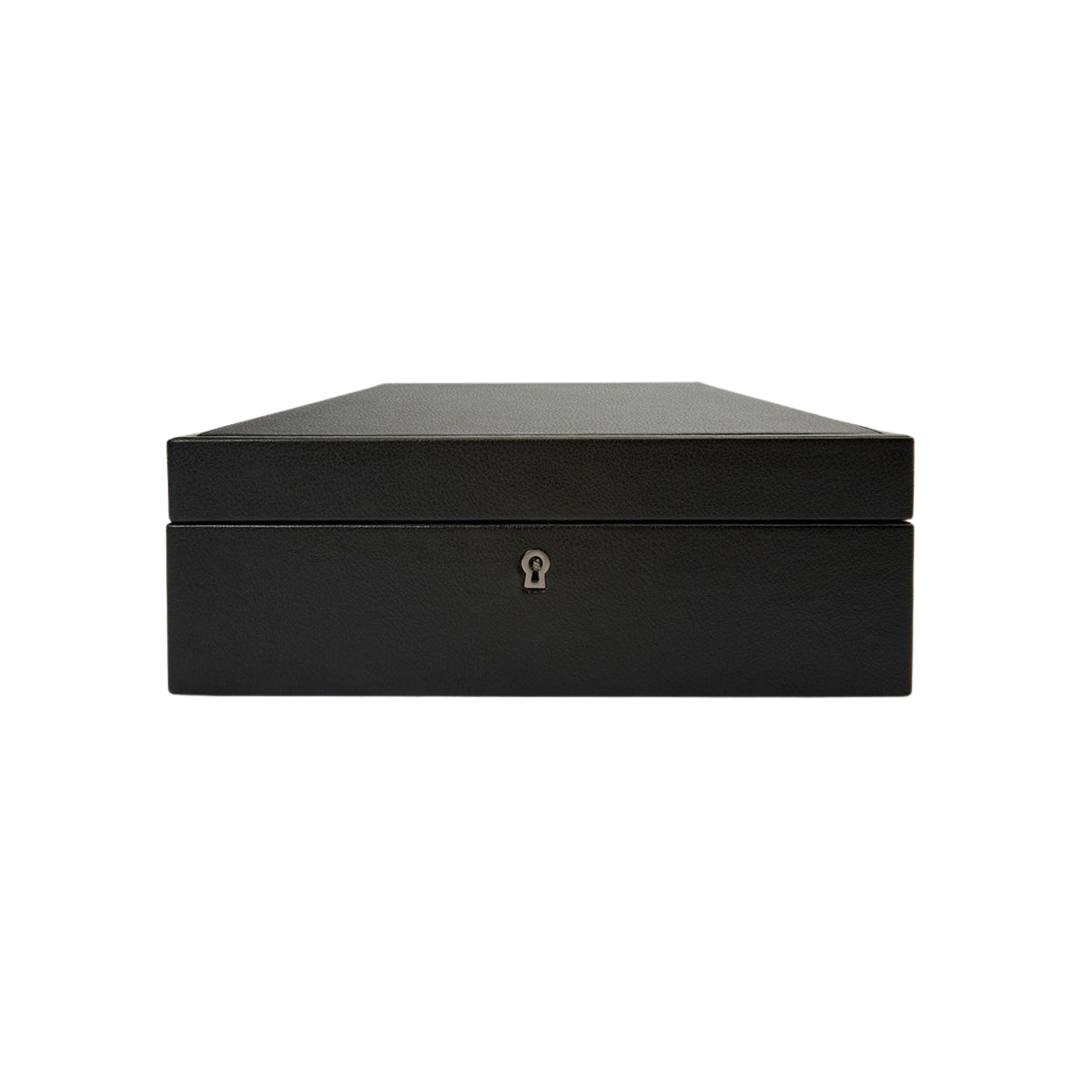 WOLF British Racing 792602 front view of closed black 8 piece watch box displaying keyhole lock detail