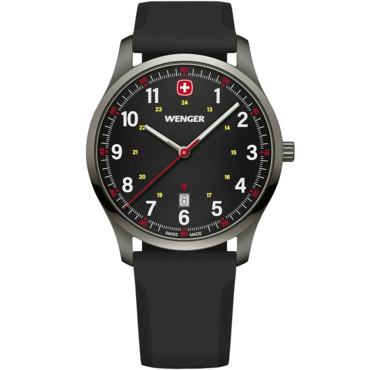 Wenger City Sport 01.1441.135 front view of 42mm black dial mens quartz watch with date display and silicone strap