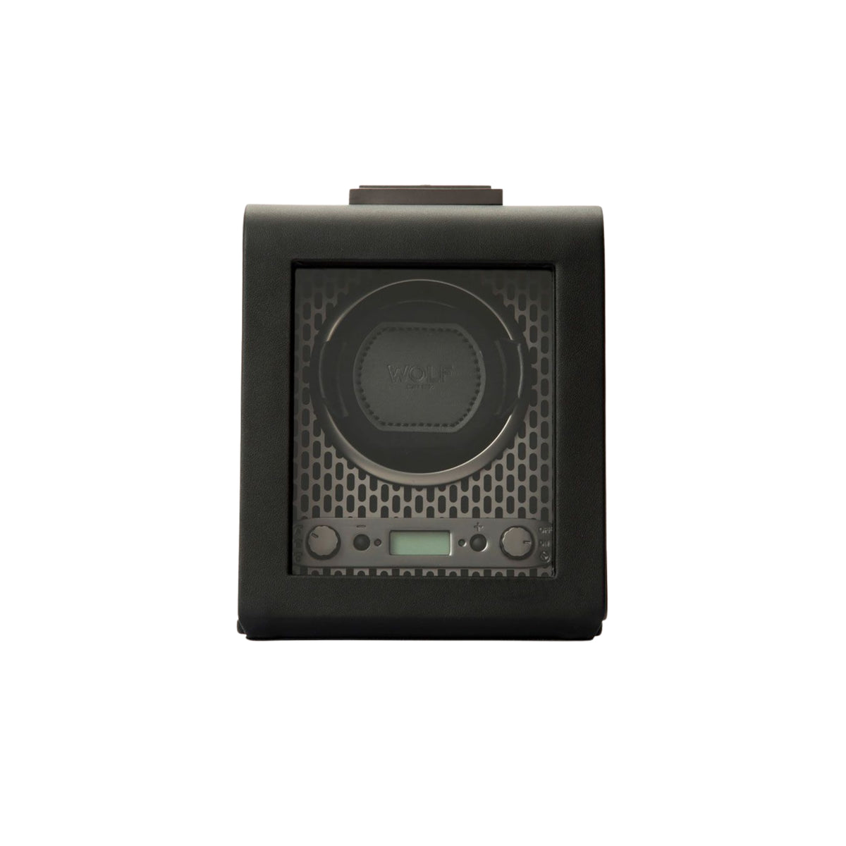WOLF Axis 469103 front view of closed powder coat single watch winder with glass viewing window and LCD panel