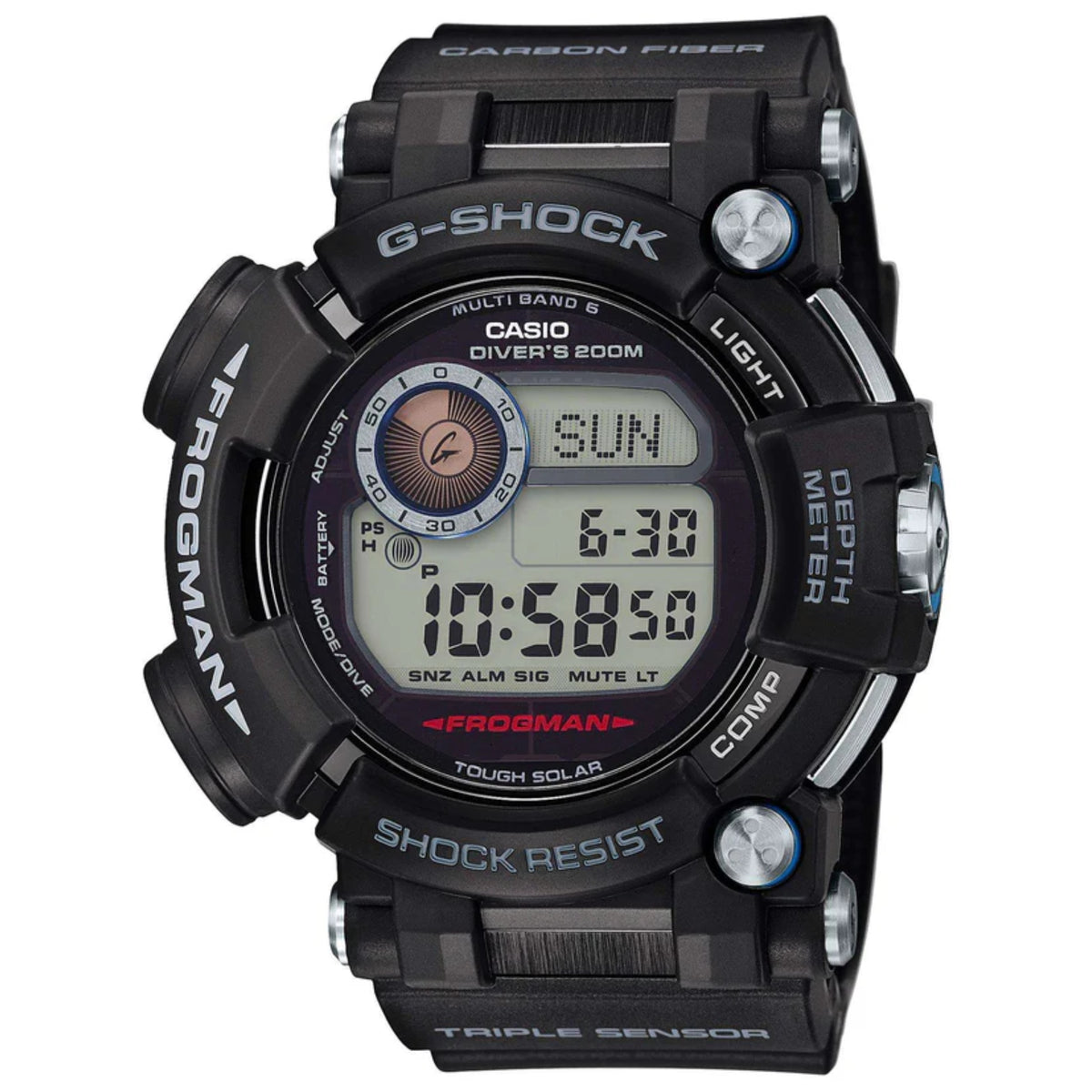 Men's G-Shock Frogman watch, black multi-band bezel with LCD and buttons