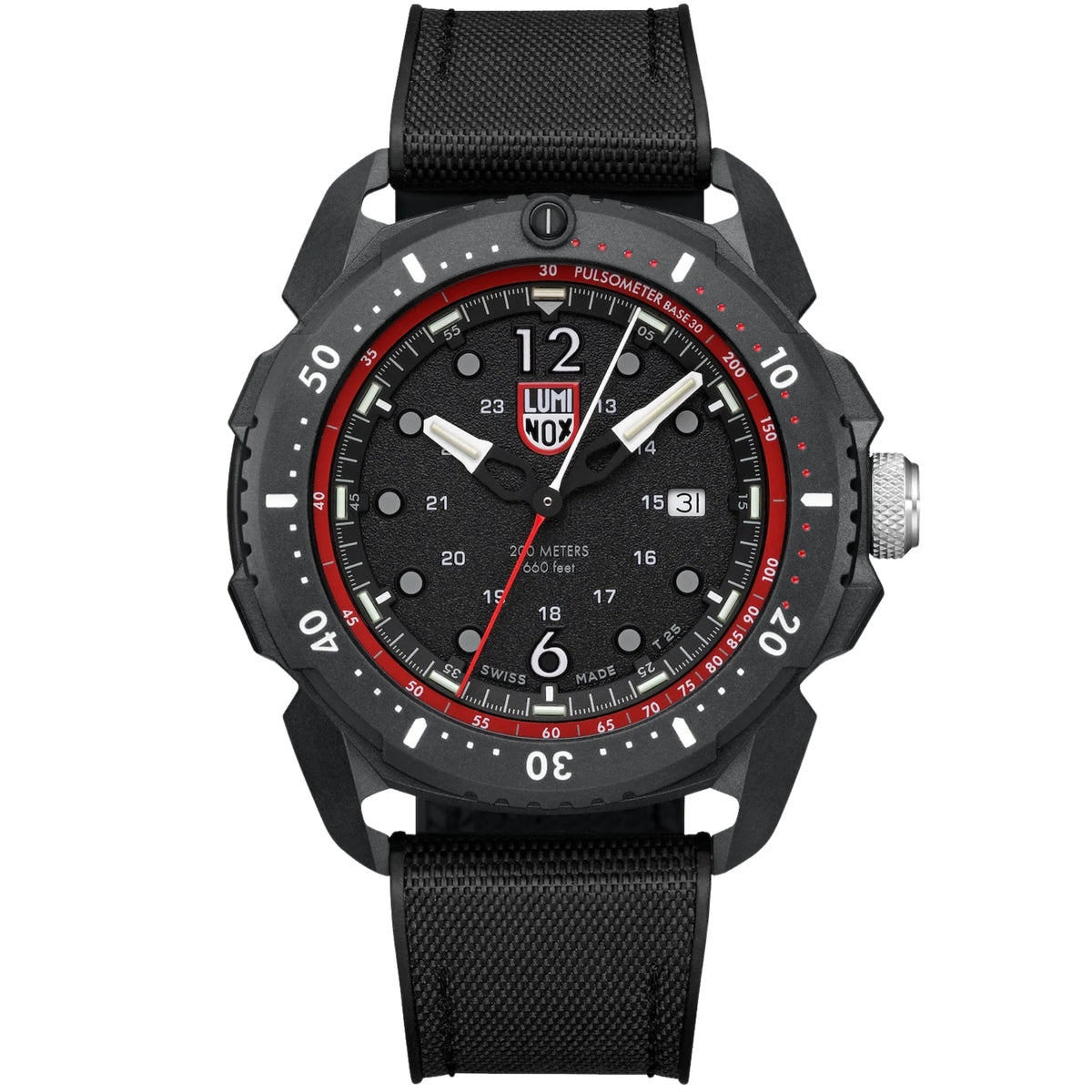 Luminox ICE SAR Arctic XL.1051 mens black/red dial watch front view with black rubber strap