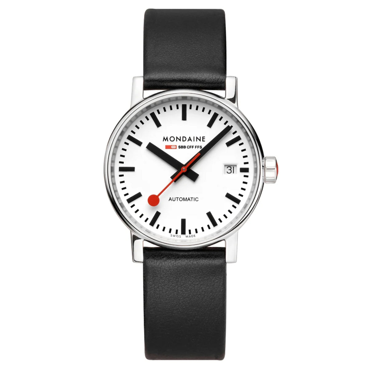 Montre Mondaine Evo2 Automatique cadran blanc bracelet cuir noir MSE.35610.LBV