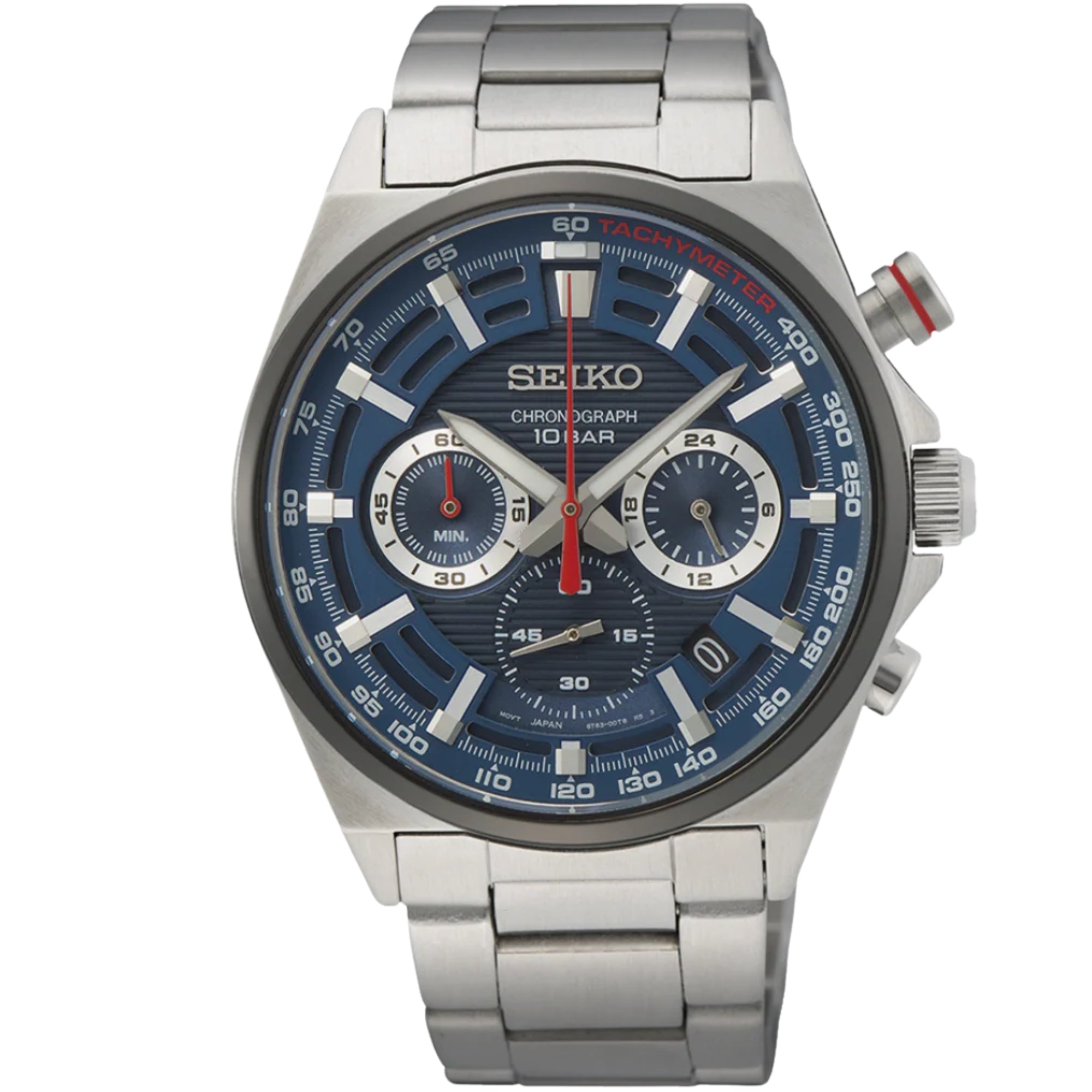 Seiko Essentials 41mm Chronograph blue dial tachymeter steel watch SSB407P1 front view