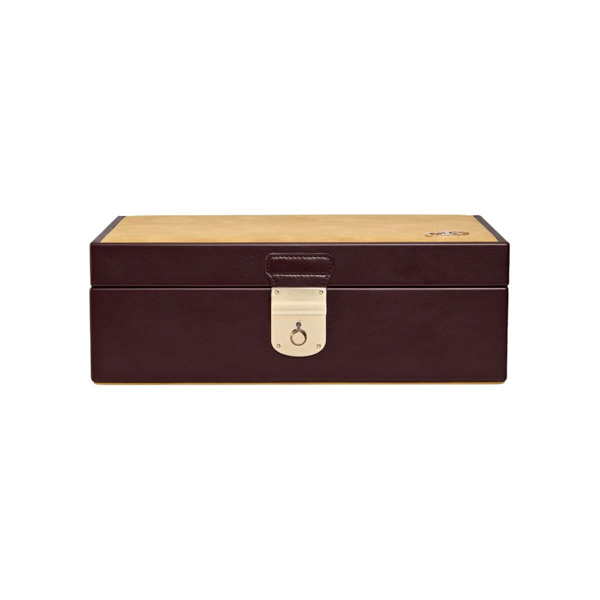 WOLF Philipp 190206 front view of closed chestnut watch and jewellery lifestyle box with gold lock closure