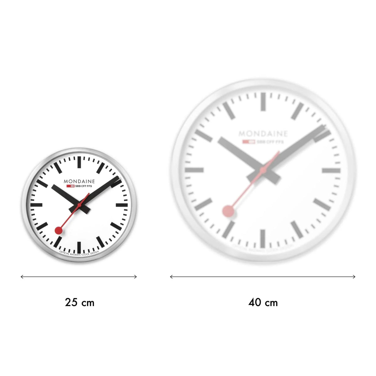 Mondaine wall clock A990.CLOCK.12SBB 25cm vs. 40 cm size comparison chart