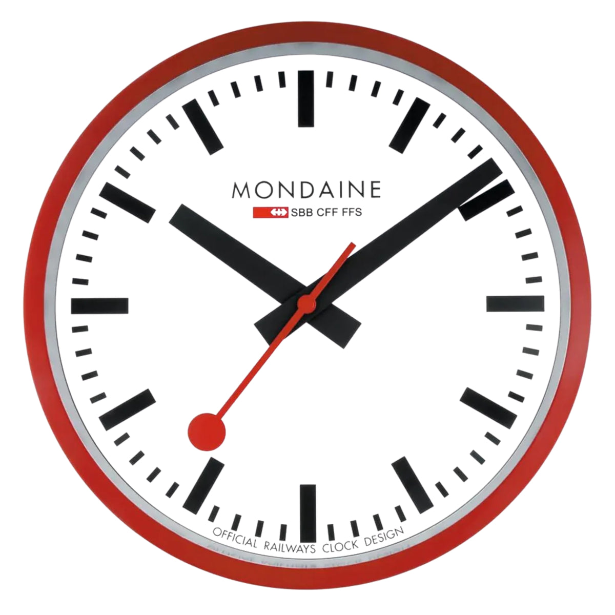 Front view of Mondaine wall clock A990.CLOCK.11SBC featuring a red frame and white dial