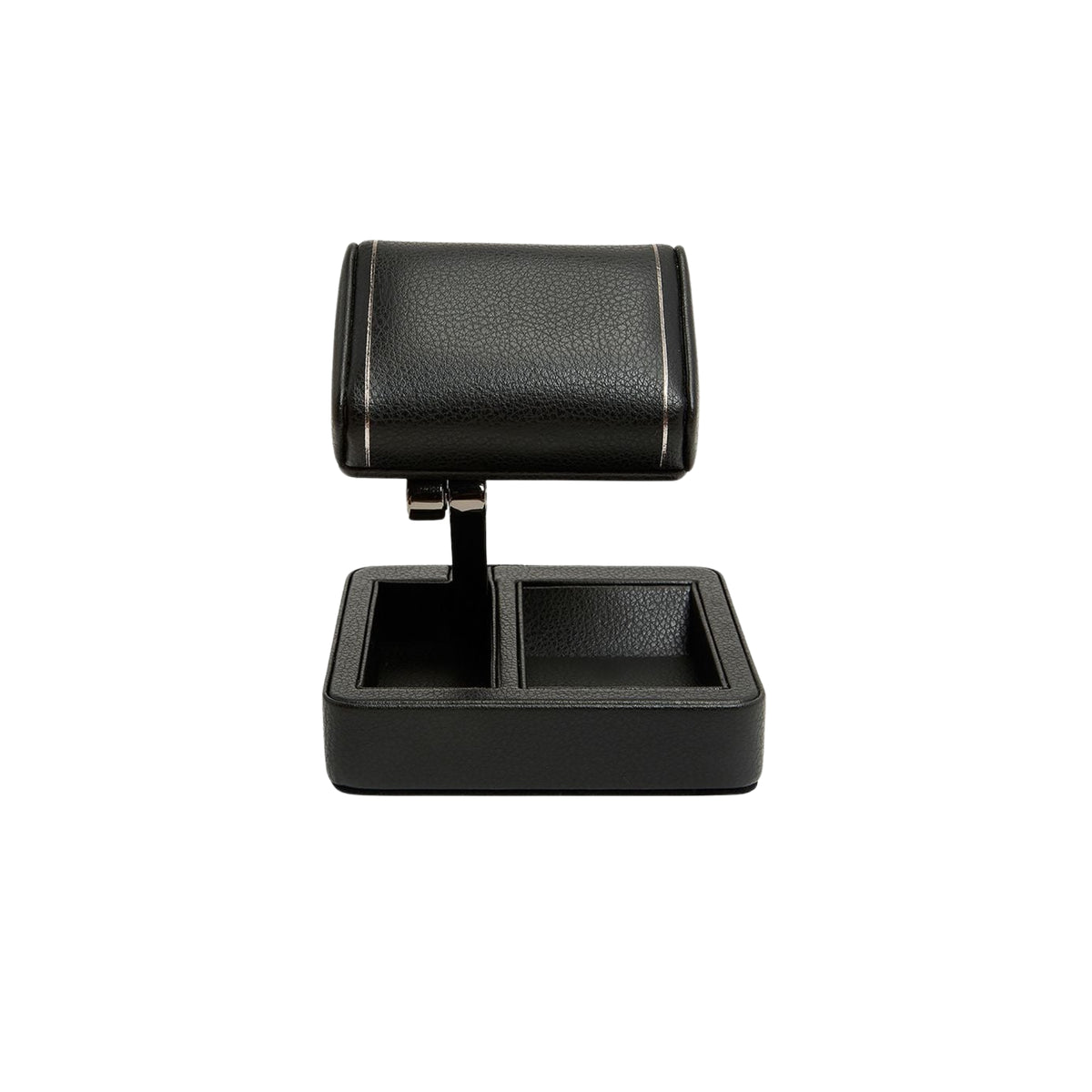 WOLF British Racing 485402 front view of elevated black single travel watch stand with base tray compartments