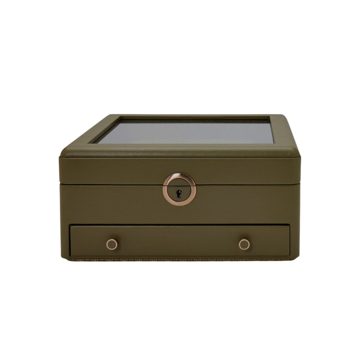 WOLF Earth 190741 front view of closed olive single watch stand box with glass viewing window, lock, and lower drawer
