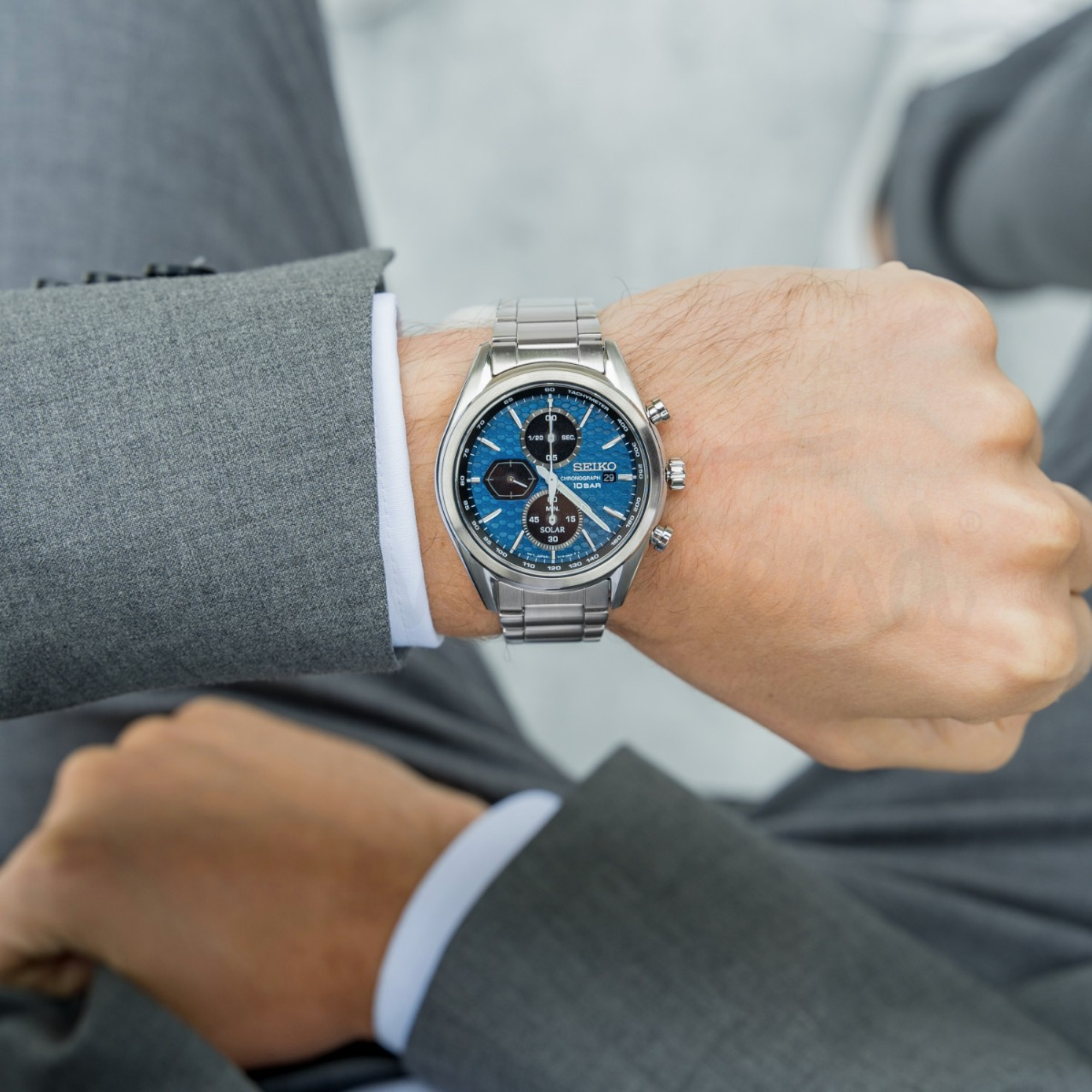 Seiko Essentials solar powered chronograph stainless steel watch on wrist