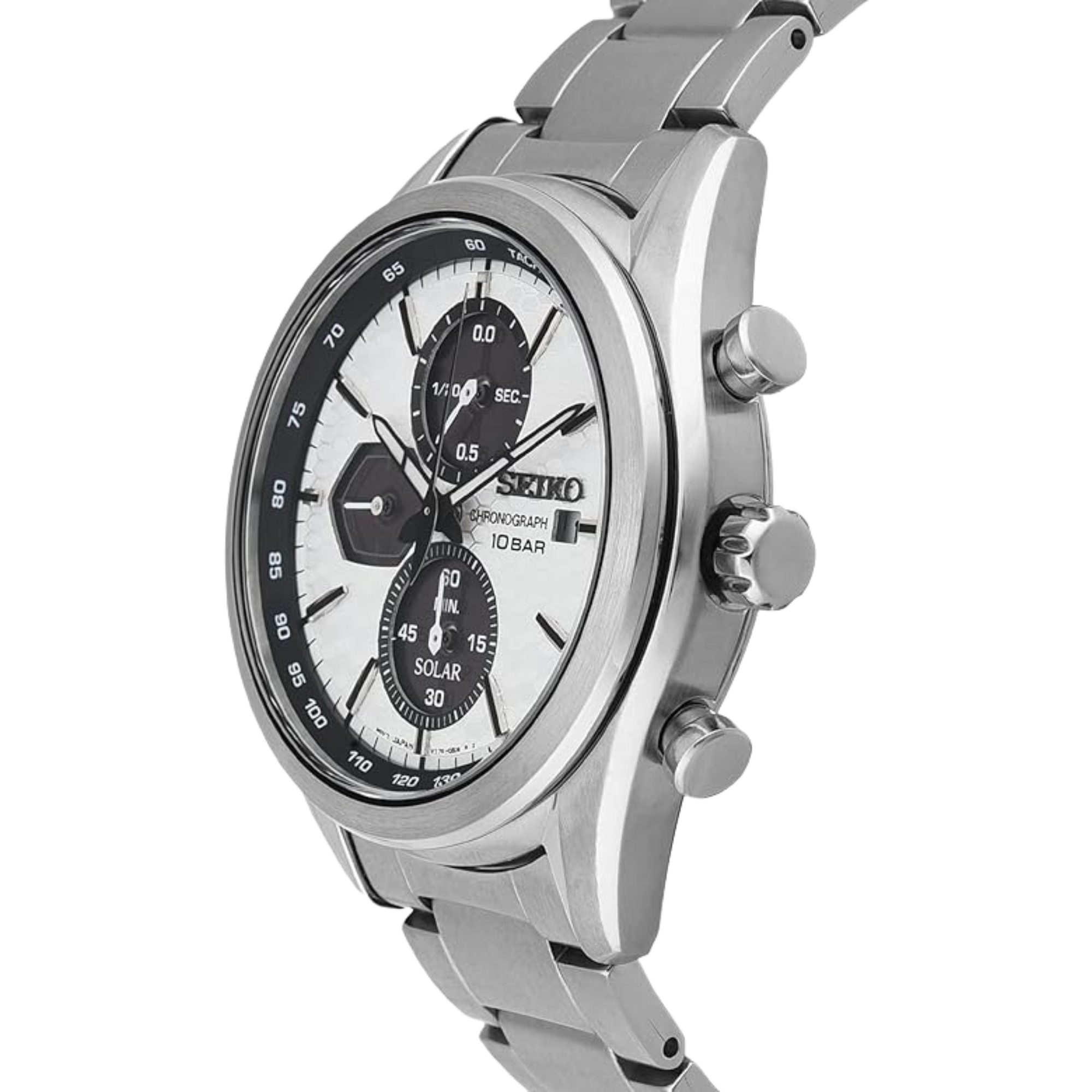 Seiko Essentials SSC769P1 stainless steel case, pushers, and crown profile view