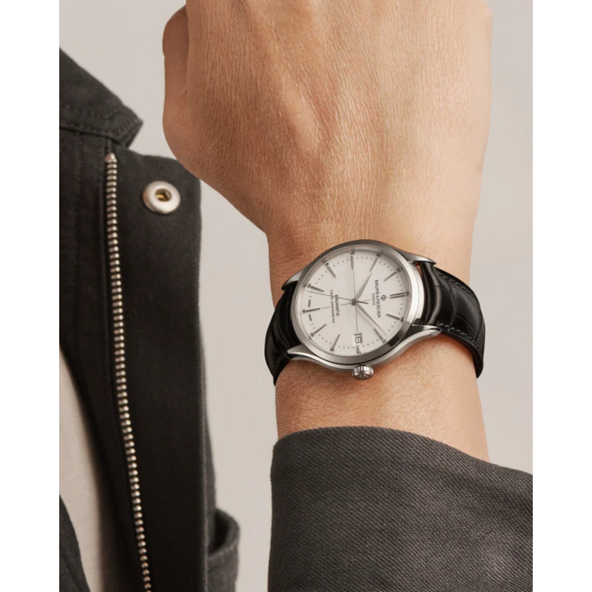 Baume & Mercier Clifton Baumatic Automatic White Dial Black Leather Strap Men's Watch BM0A10518