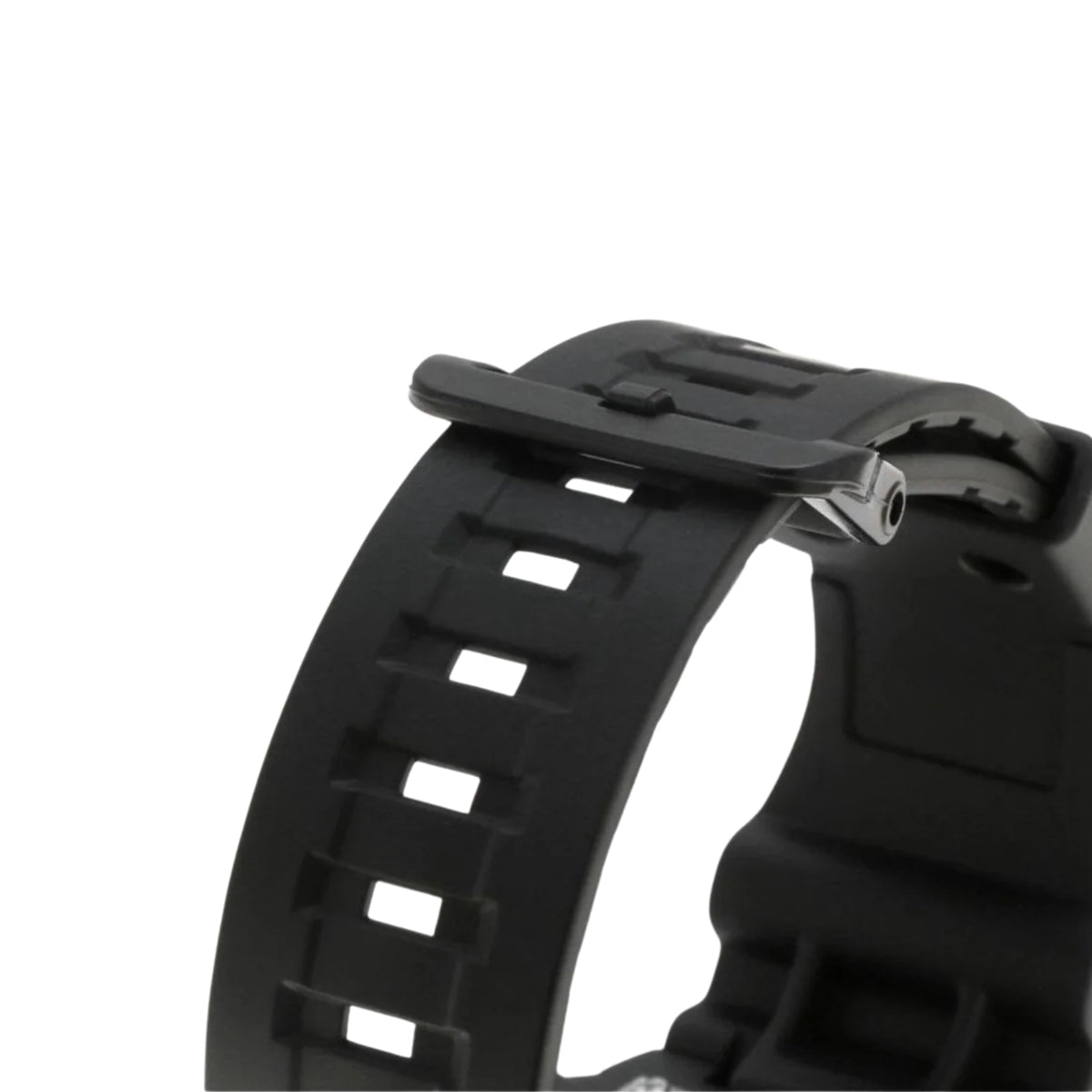 Black resin watch strap close-up with buckle and molded links