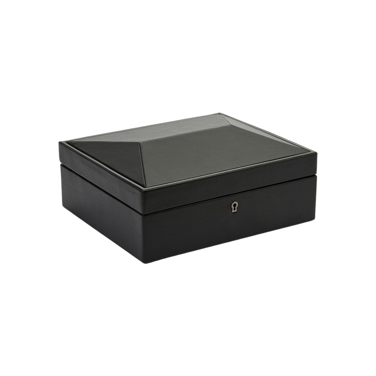 WOLF British Racing 792602 three-quarter view showing closed black leather 8 piece watch box with bevelled lid