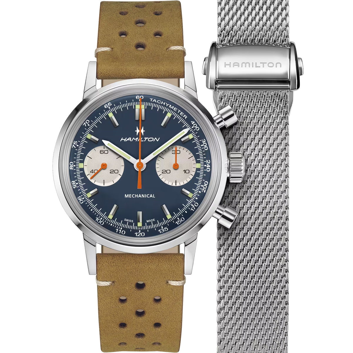 Hamilton American Classic 40mm Chronograph Blue Dial Leather Mens Mechanical Watch H38429541