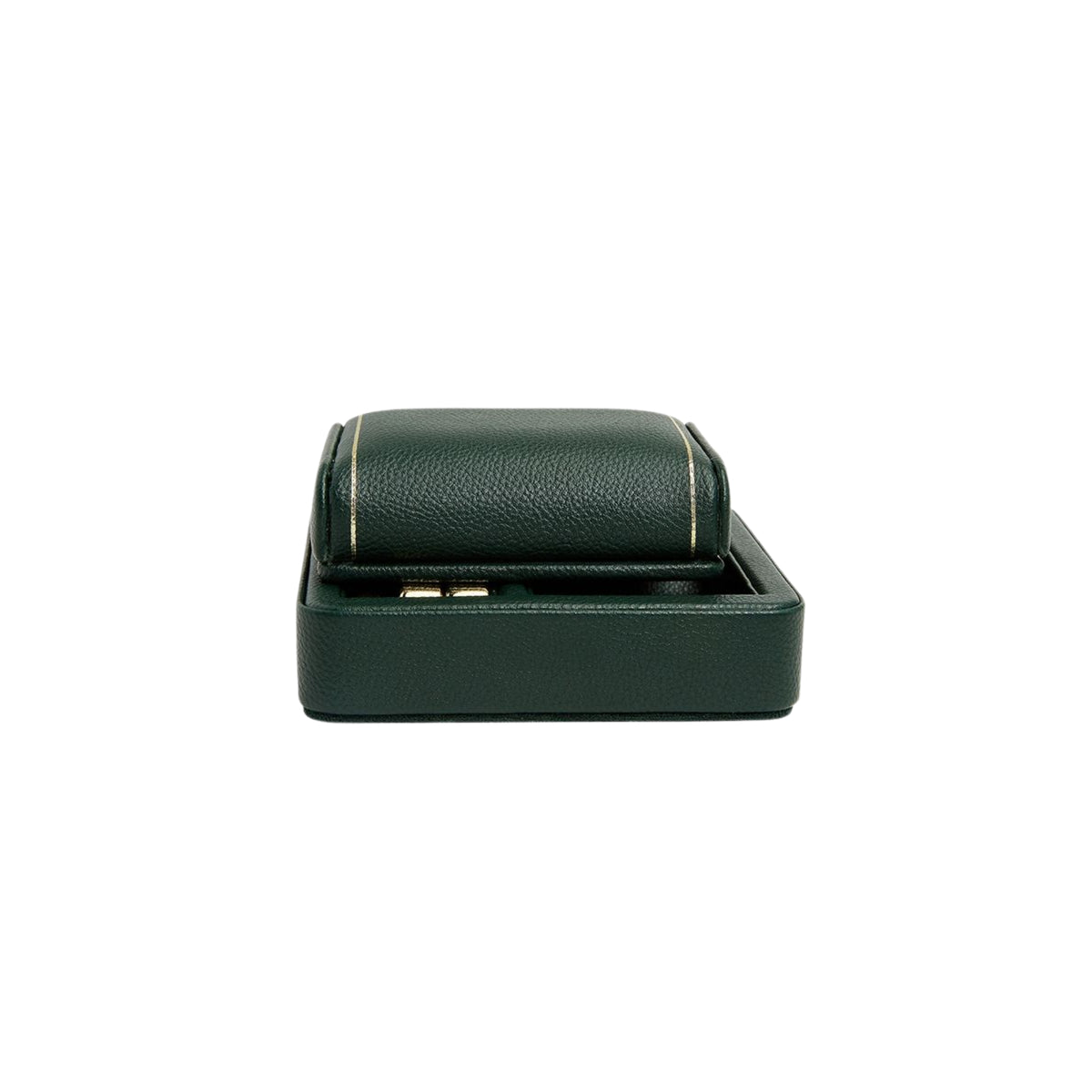 WOLF British Racing Green 485441 front profile showing single watch stand collapsed flat into leather base unit