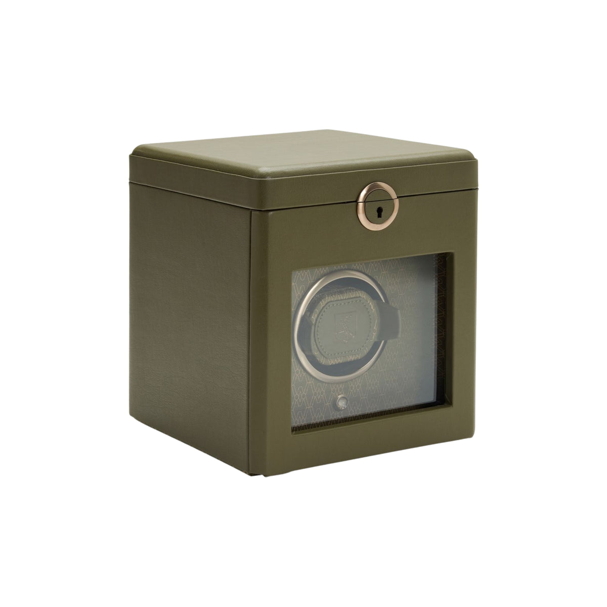 WOLF Earth 190th Anniversary 190341 three-quarter perspective showing closed olive watch winder with glass viewing window