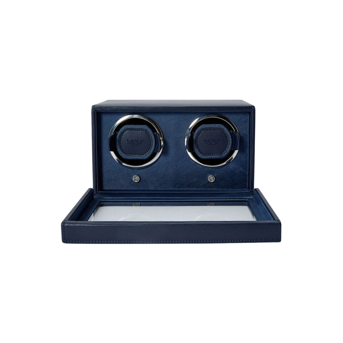 WOLF Cub 461217 front view displaying navy double watch winder with glass cover door folded open