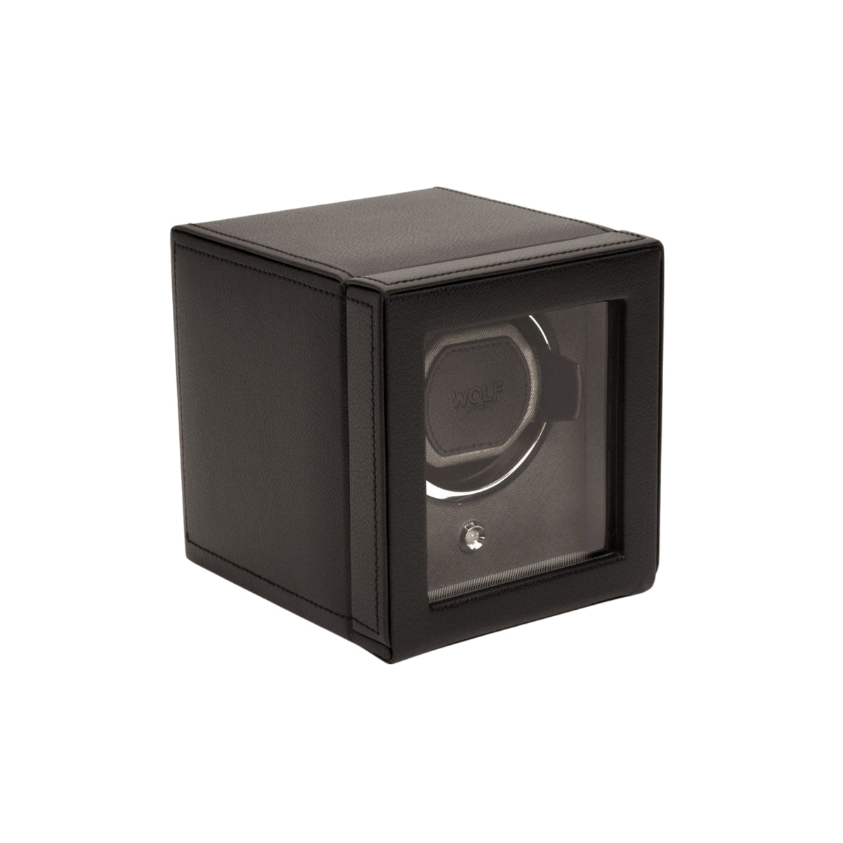 WOLF Cub 461103 three-quarter perspective showing closed black single watch winder cube with glass door