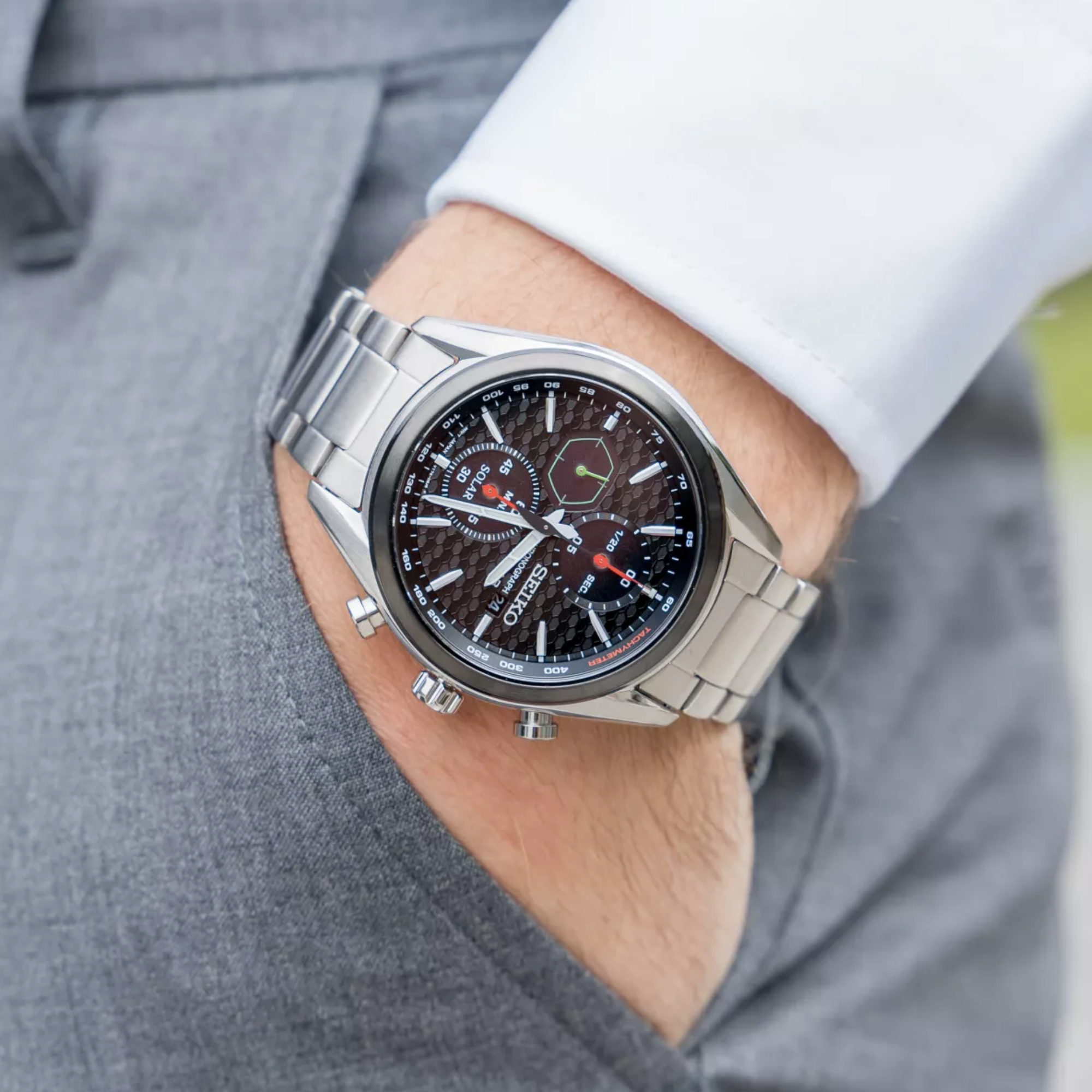 Seiko Conceptual 41.4mm Solar Chronograph Black Dial Steel Mens Quartz Watch SSC803P1