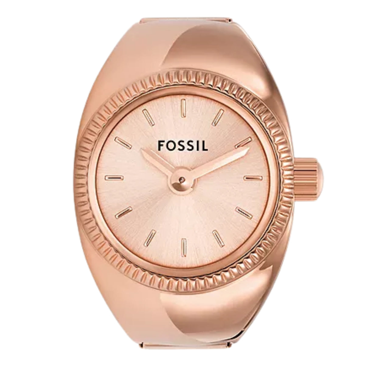 Direct front view of the Fossil Watch Ring ES5247 ladies watch showcasing the sunray rose gold dial, simple stick indices, and fluted bezel border