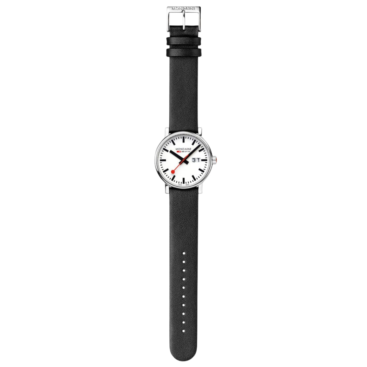 Full flat-lay view of the Mondaine Evo2 MSE.40210.LBV Swiss Railways quartz watch with white dial and straight black vegan leather strap