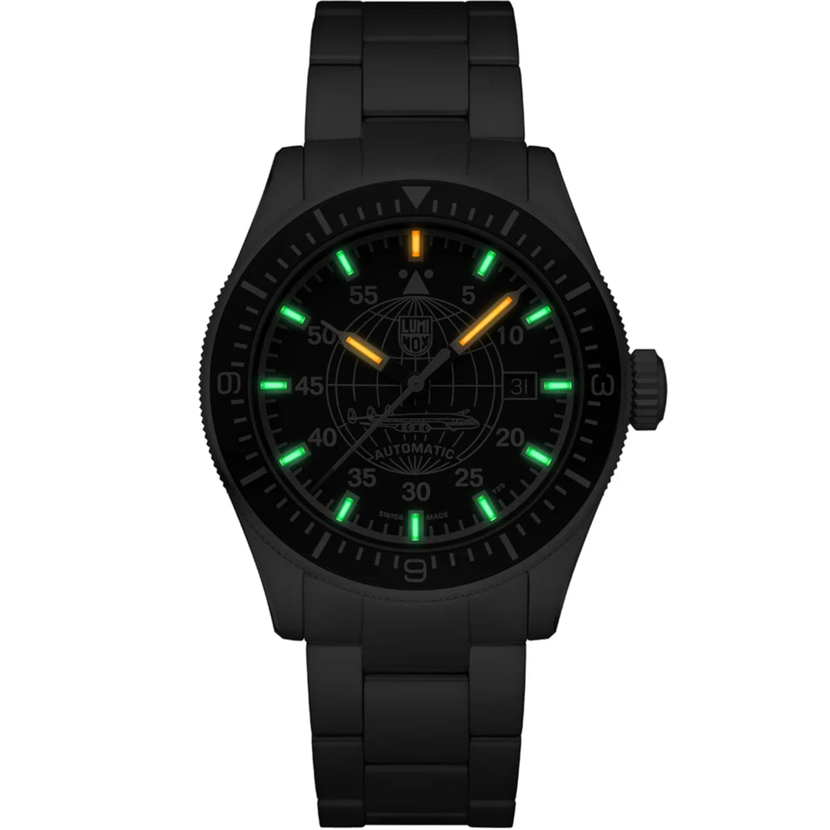 Luminox Constellation 9600 Series XA.9601.M low light view displaying green and orange illuminated gas tubes on black dial