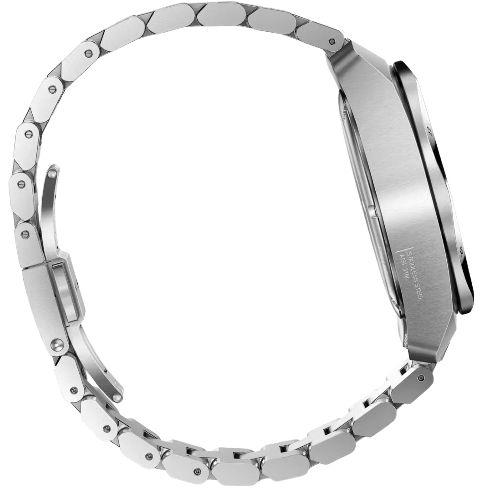 Side view of Victorinox I.N.O.X. 241985 stainless steel bracelet laid out showing case thickness