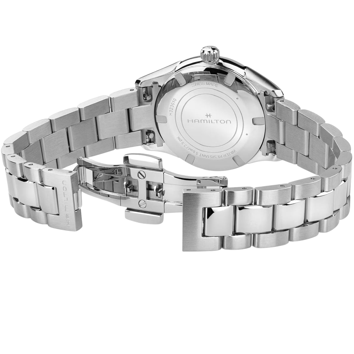 Caseback and open stainless steel link bracelet of a Hamilton watch