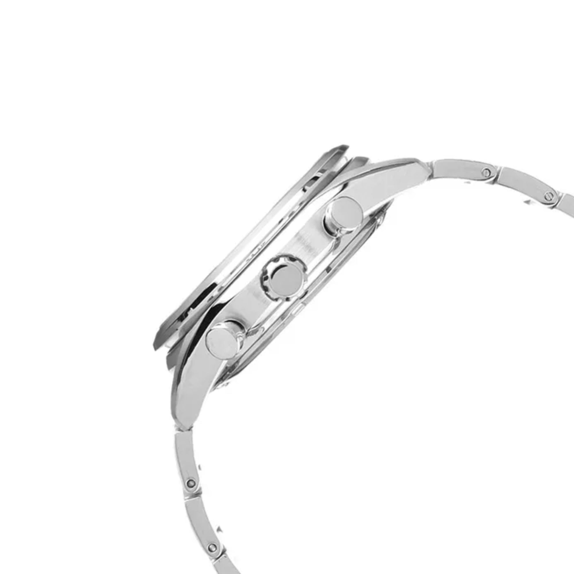 Side profile studio shot of a Seiko Essentials Solar Chronograph watch SSC801P1 showcasing the crown, pushers, and stainless steel case