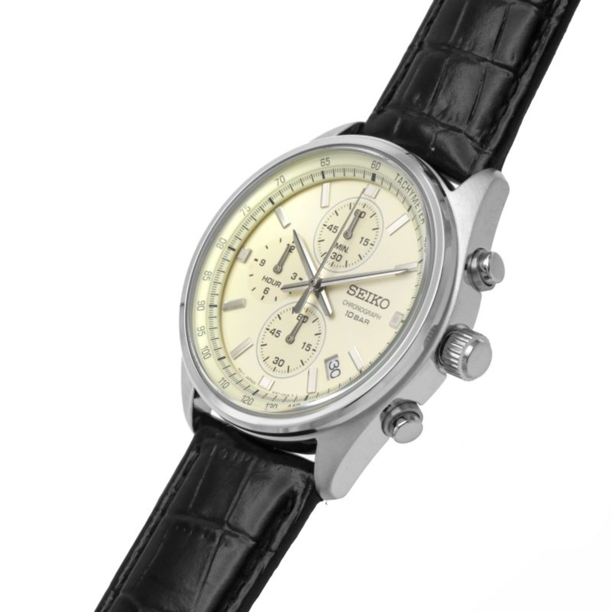 Seiko Essentials SSB383P1 41.5mm cream dial and black leather strap detail