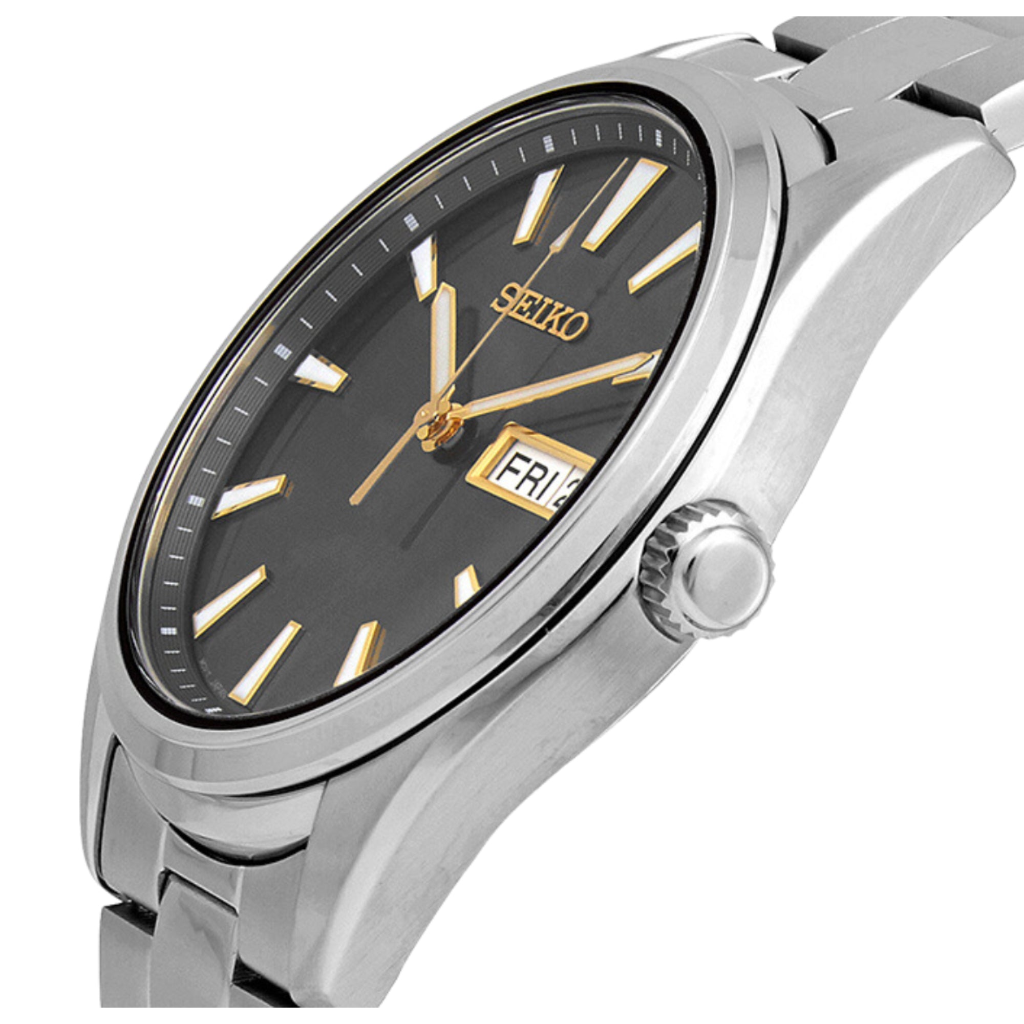 Close-up of Seiko SUR343P1 grey dial with hands and markers, date window on white background
