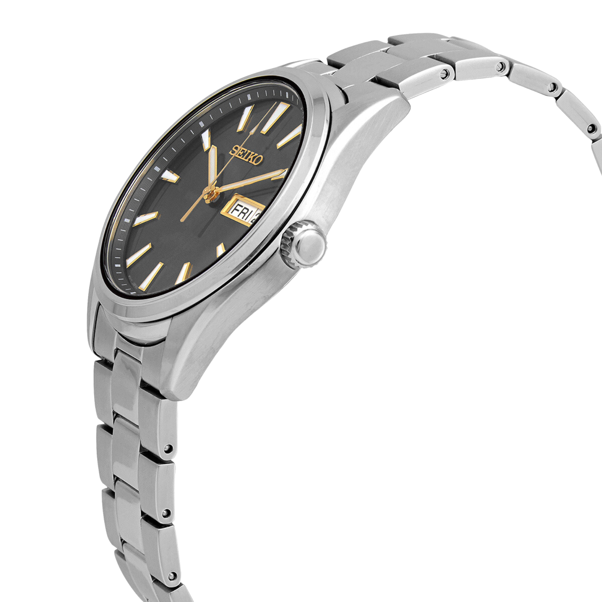 Seiko Essentials SUR343P1 40mm grey dial stainless steel men's quartz watch angled side view showing date window